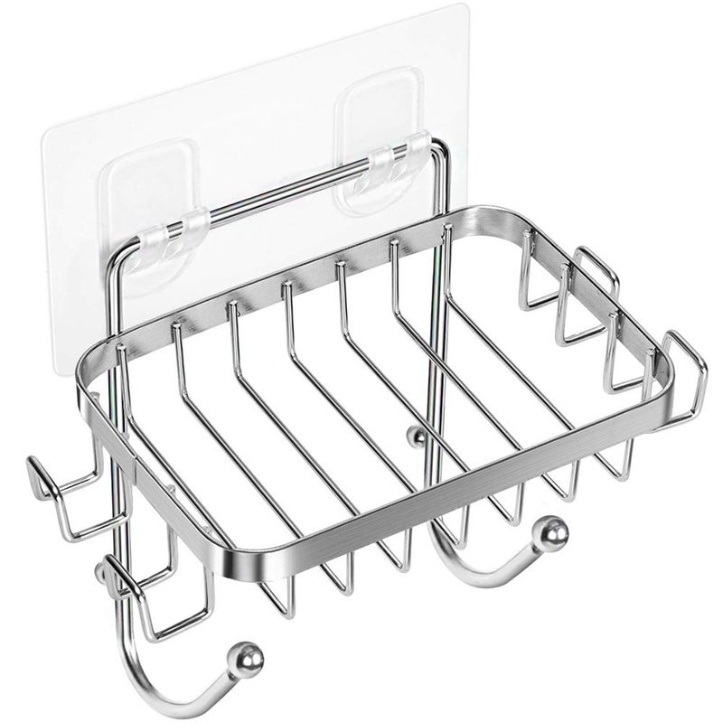 ODesign Soap Dish Holder SUS304 Stainless Steel with 6 Hooks Loofah Bath Sponge Towel Razor Holder for Bathroom Shower Kitchen Adhesive Wall Mounted No Drilling-Silver-1 Pack - Image 1
